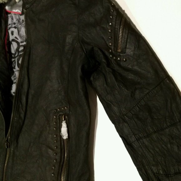 DOMA New Studded Washed Textured Lamb Leather MOTO Jacket L Coat BLACK NWT $750 - Picture 3 of 11